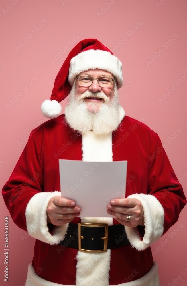 Naklejka premium Santa claus holding a blank letter mock up on pink background