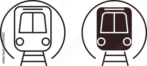 Two simple line art icons of a subway train entering a tunnel. One is black, the other is an outline.