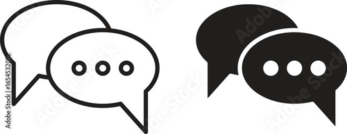 Two speech bubble icons, one black and one white, representing communication or dialogue, isolated on white background.