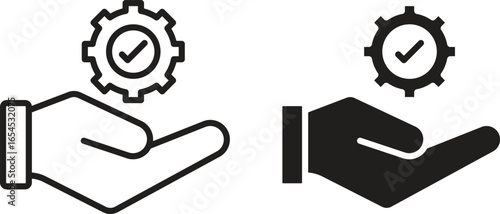 Two variations of an icon depicting a hand receiving a gear with a check mark, isolated on white.