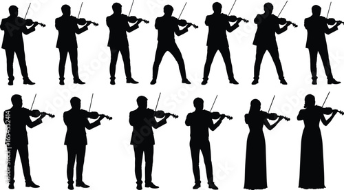 Silhouettes of violin players performing in orchestra, classical music musicians, instrumentalists with violins, live music concert, musical ensemble