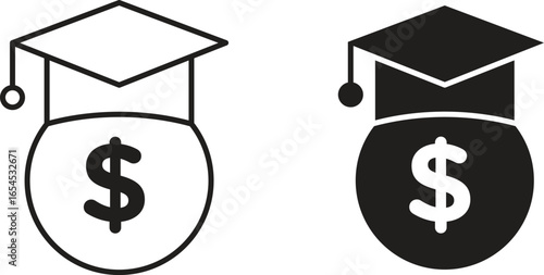Illustration of a money bag wearing a graduation cap. Two versions: outline and solid black.