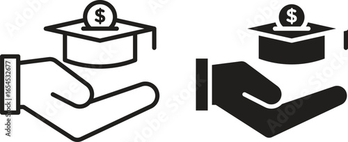 Illustration of a hand holding a graduation cap with a coin on top, representing education funding or investment.