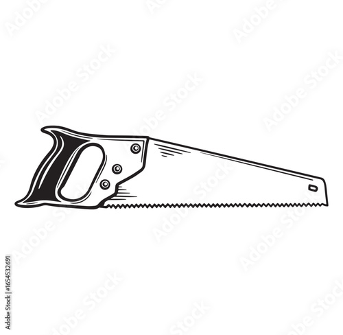Hand saw illustration showing woodworking tool in a minimalist black and white design.