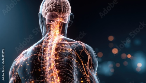 3D anatomy of the human nervous system, spine, and brain.  Visible nerve pathways and brain structure.  Dark background, highlighted with glowing orange nervous system