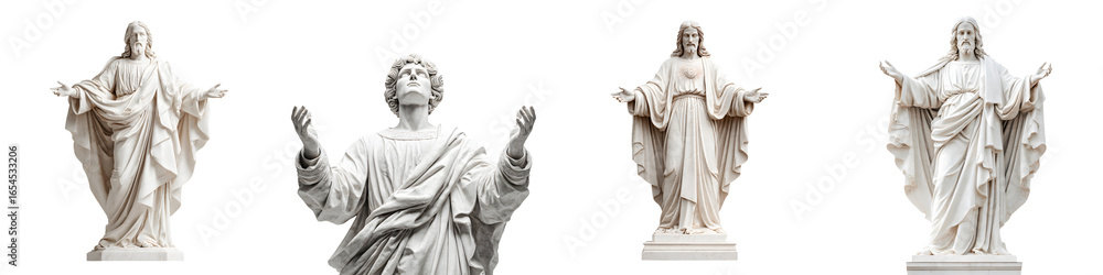 Fototapeta premium Set of Marble Jesus Christ Statues on White Background - Religion & Faith