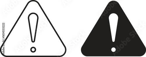 Two warning alert icons, one black and one outline, inside a triangle shape, isolated on white.