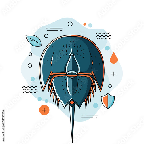 Vibrant vector of a protected horseshoe crab with symbolic shield. Clean, modern design highlighting marine life conservation and the living fossil’s unique beauty.