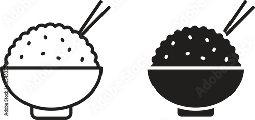 Simple line art and solid black icons of a bowl of rice and chopsticks. Perfect for menus or websites.