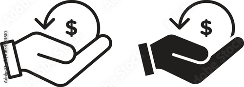 Two simple hand receiving money icons, one line art, one solid, isolated on white.