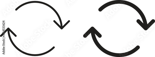 Two black circular arrows, one clockwise and one counterclockwise, isolated on a white background. Simple, bold design.