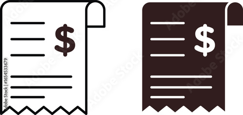 Two variations of a receipt icon, one black and white, one dark brown and white, both featuring a dollar sign.