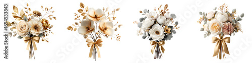 Elegant Watercolor Floral Bouquets with Gold Ribbons Set on White Background