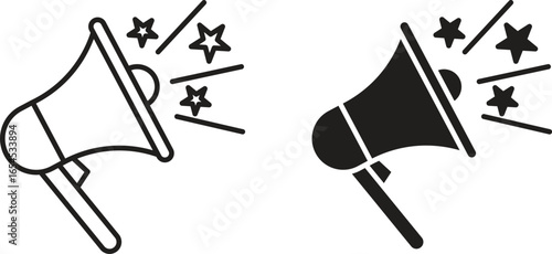 Two megaphone icons, one black and one line art, emitting stars. Isolated on white.