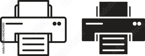 Two printer icons: one line art, one solid black. Both show a printer with paper output. Isolated on white.