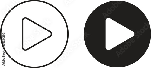 Two variations of a play button icon inside a circle. One is a black outline, the other is a filled black circle with a white play button.
