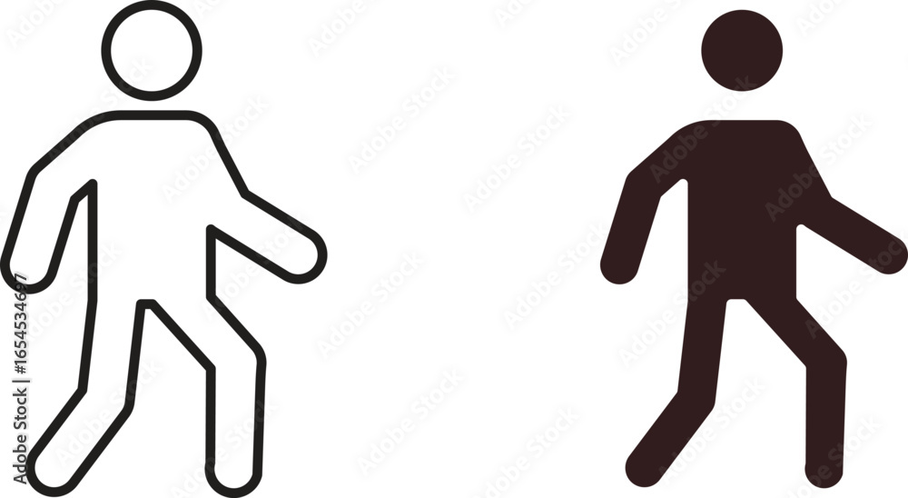 Simple line art and solid walking person icons, isolated on white. Perfect for web design or app UI. Simple line art and solid walking person icons, isolated on white. Perfect for web design or app UI.