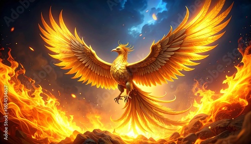 Golden phoenix rising from flames, glowing feathers, mystical background, highly detailed fantasy illustration, Generated image