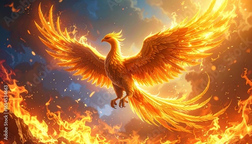 Golden phoenix rising from flames, glowing feathers, mystical background, highly detailed fantasy illustration, Generated image