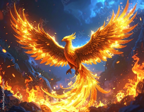 Golden phoenix rising from flames, glowing feathers, mystical background, highly detailed fantasy illustration, Generated image