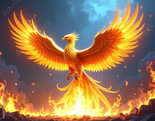 Golden phoenix rising from flames, glowing feathers, mystical background, highly detailed fantasy illustration, Generated image