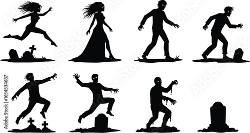 Silhouettes of zombies and undead creatures rising from graves, spooky Halloween horror scene, creepy cemetery, scary night background.
