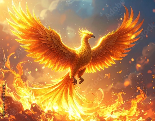 Golden phoenix rising from flames, glowing feathers, mystical background, highly detailed fantasy illustration, Generated image