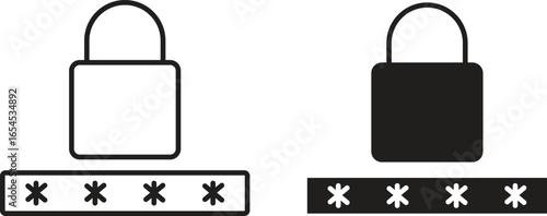 Two padlock icons, one white and one black, displayed above password fields with asterisks. Simple security graphic.