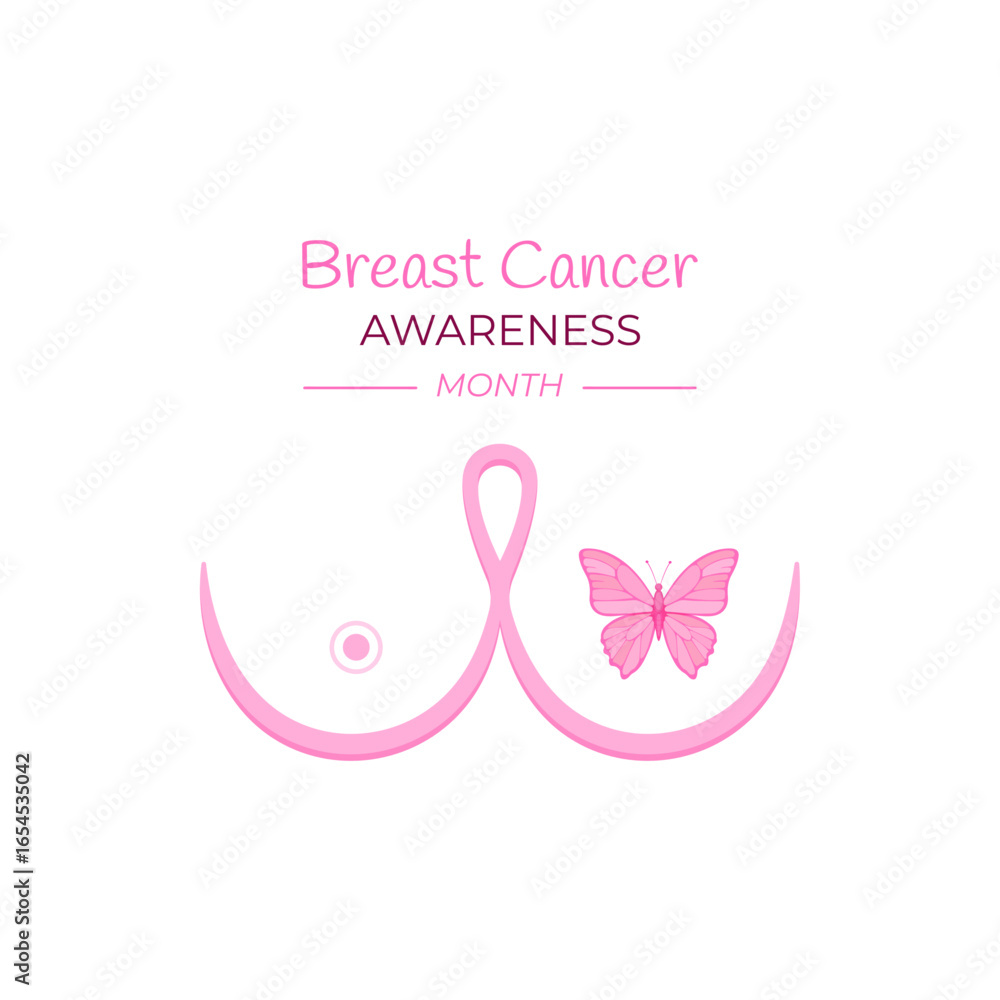Fototapeta premium Breast cancer awareness vector with pink butterfly symbol inside female breast outline. Concept of prevention, hope, support, early check, women’s health care and oncology awareness campaign.