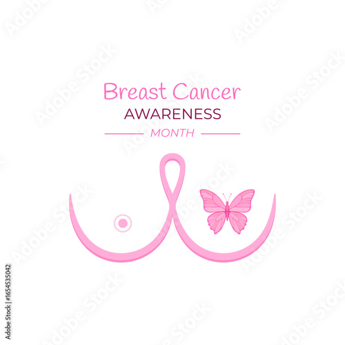 Breast cancer awareness vector with pink butterfly symbol inside female breast outline. Concept of prevention, hope, support, early check, women’s health care and oncology awareness campaign.