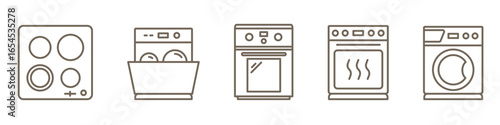 Kitchen appliances line icons set including dishwasher, cooker, oven, washing machine, and cooking surface. Minimal thin outline style, editable stroke, perfect for home kitchen and household themes