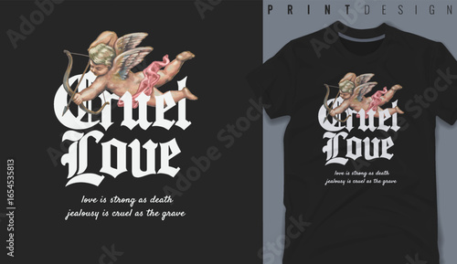 Graphic t-shirt design,cruel love slogan with Flying Cupid holding bow and aiming or shooting arrow ,vector illustration for t-shirt.