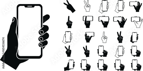 Smartphone hand gestures, phone holding icons, black and white mobile phone symbols, hand sign illustrations, digital device, touchscreen interaction, communication concept