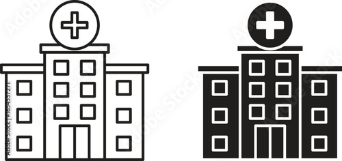 Simple vector illustration of a hospital building icon in outline and solid black styles, isolated on white background.
