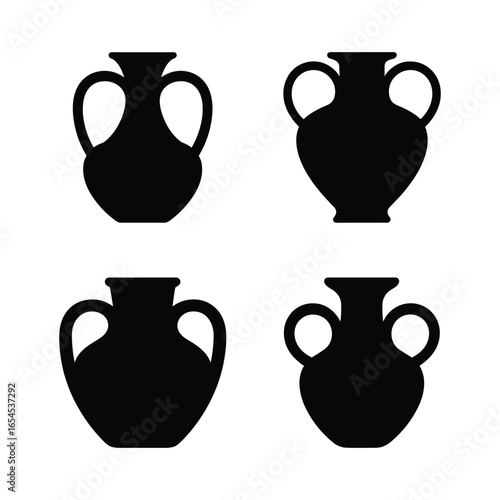 Four silhouetted ancient greek amphorae vases on a white background