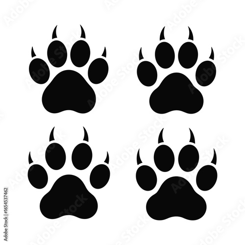 Four black paw prints with visible claws on a white background