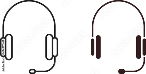 Two simple headset icons, one black and one line art, isolated on white. Perfect for websites or apps.