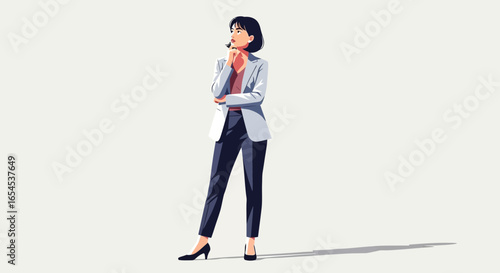 A stylish woman in a suit thoughtfully poses with a pensive expression