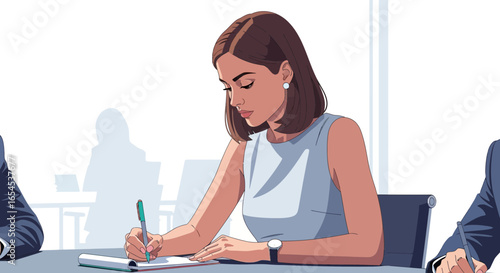 A businesswoman thoughtfully taking notes during a meeting with colleagues