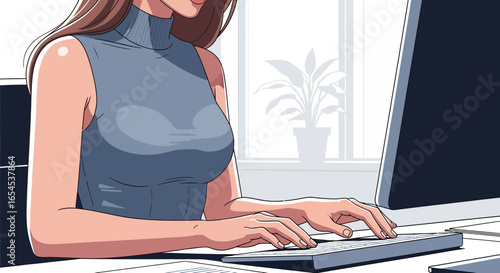 Animated woman typing on a keyboard in a modern home office setup