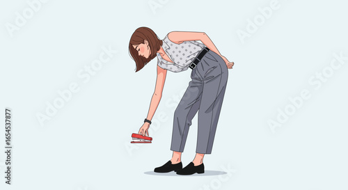 Anime style office worker reaches for red stapler in business casual outfit