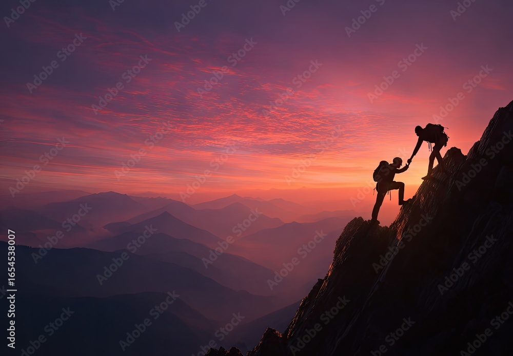Fototapeta premium Two climbers, silhouettes against a vibrant sunrise, reach out to help each other on a mountain ridge. Vast mountain range extends into the distance, veiled in misty atmosphere