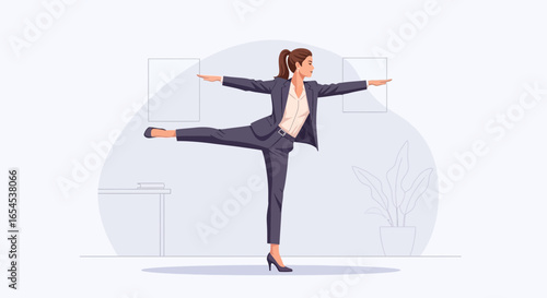 Businesswoman Demonstrating Warrior Pose to Achieve Balance in Workplace