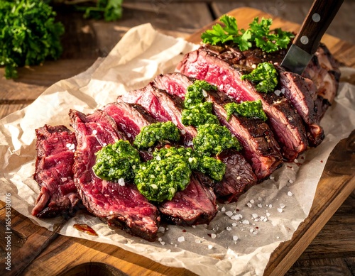 Perfectly Grilled Ribeye Steak Slices with Fresh Chimichurri Sauce.