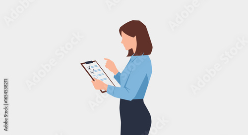 Businesswoman reviewing checklist on clipboard, ensuring tasks are completed
