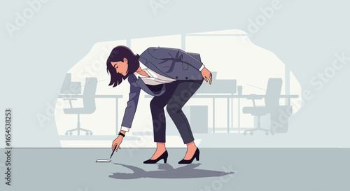Businesswoman Searching on the Floor for a Lost Item in a Modern Office
