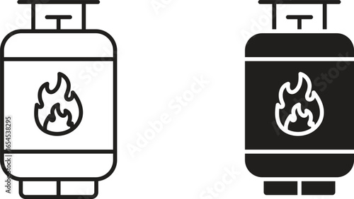 Two gas tank icons: one line art, one solid black. Both feature a flame symbol, isolated on white.