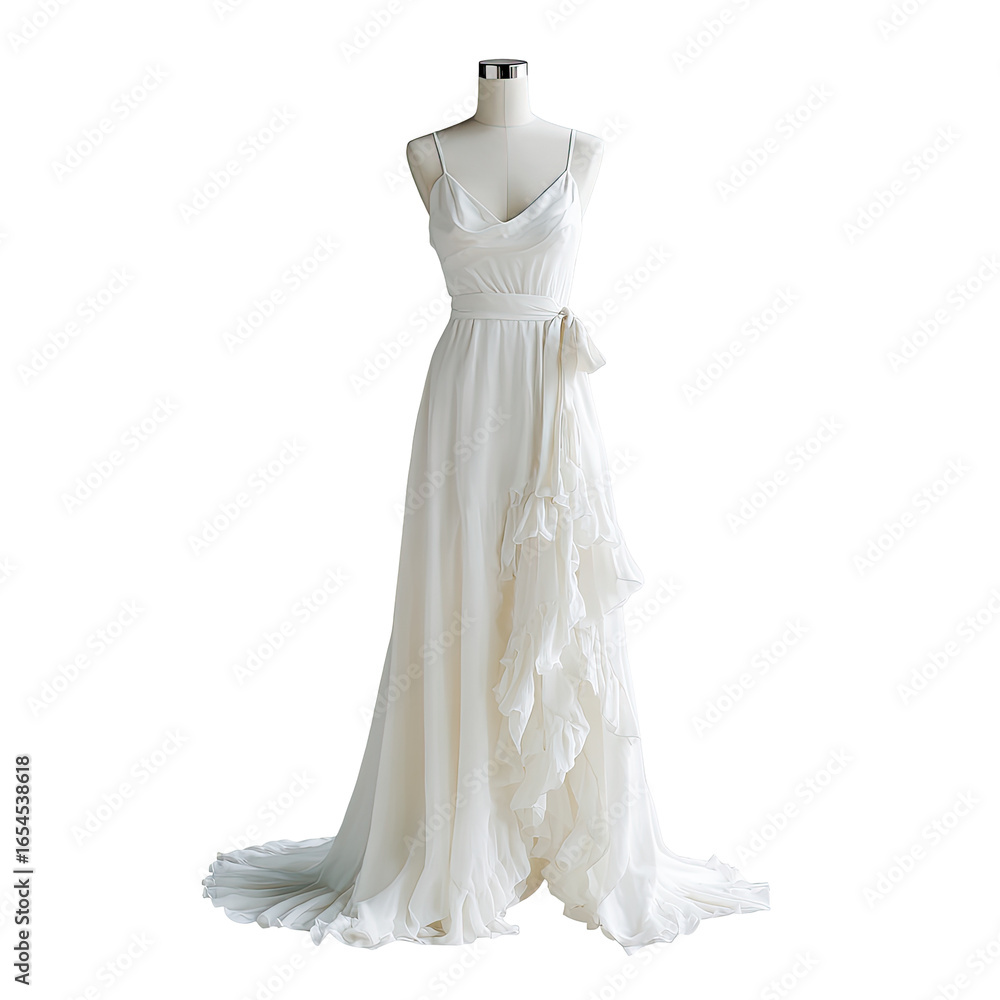 Fototapeta premium Elegant, flowing, cream-colored wedding dress with draped bodice and ruffled skirt