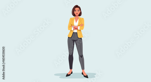 Confident businesswoman in stylish yellow blazer standing with determination