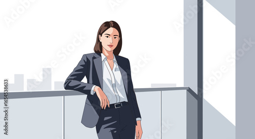 Confident businesswoman in professional attire overlooking the city skyline